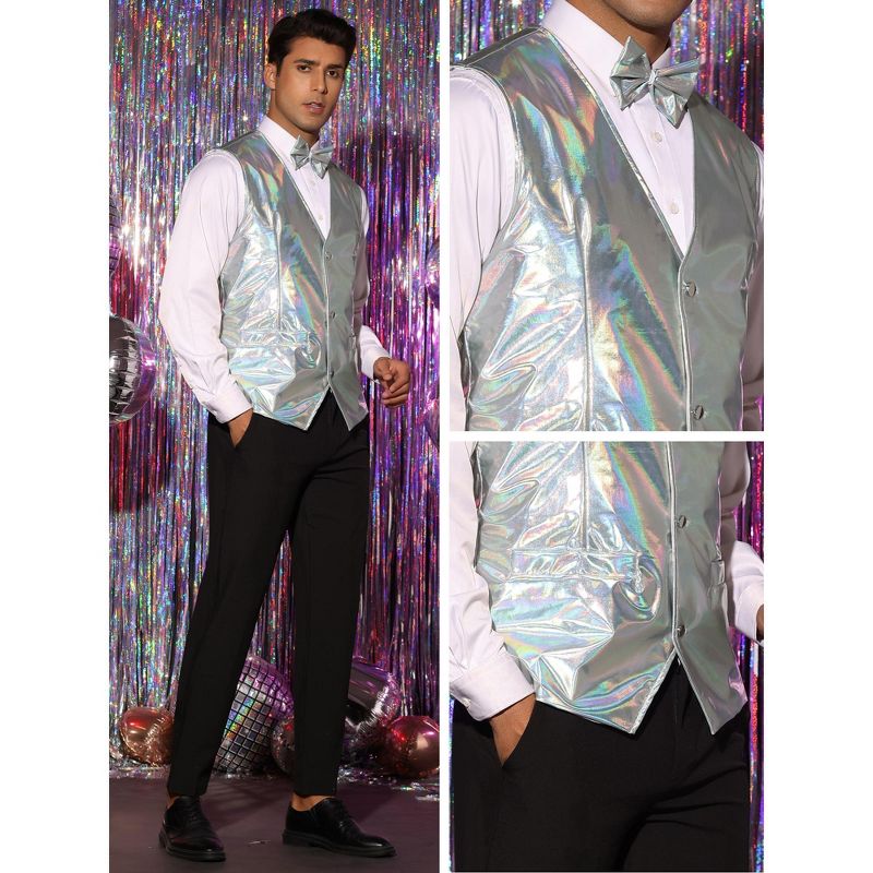 Lars Amadeus Men's Slim Fit Disco Party Shiny Metallic Suit Vest with Bowtie, 5 of 6