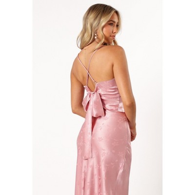 Dusty Rose Satin Two-Piece Set with Cowl Neck and Peplum