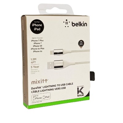 Belkin MIXIT DuraTek MFi-Certified Lightning Charging Cable for iPhone 11, 11 Pro, 11 Pro Max, XS, XS Max, XR, X, 8/8 Plus (4ft/1.2m) - Silver