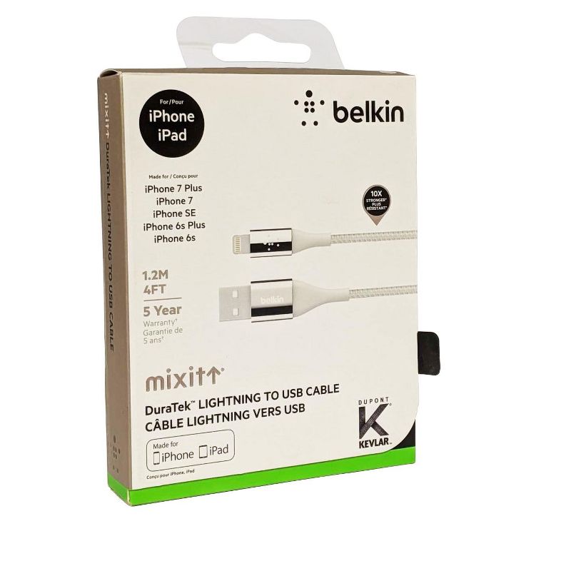 Belkin MIXIT DuraTek MFi-Certified Lightning Charging Cable for iPhone 11, 11 Pro, 11 Pro Max, XS, XS Max, XR, X, 8/8 Plus (4ft/1.2m) - Silver, 1 of 2