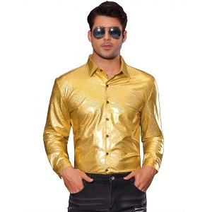 Lars Amadeus Men's Button Down Disco Party Shiny Printed Shirts - 1 of 4