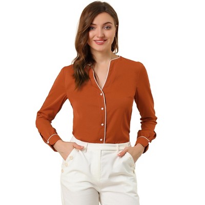 INSPIRE CHIC Women's Contrast Trim V Neck Long Sleeve Button Up Elegant Blouse Shirt