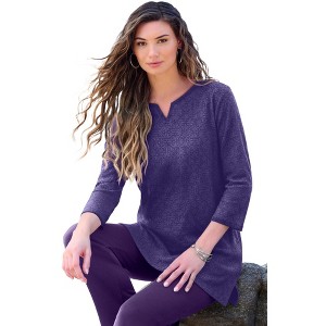 Roaman's Plus Size Three-Quarter Sleeve Notch Neck Soft Knit Tunic - 1 of 4