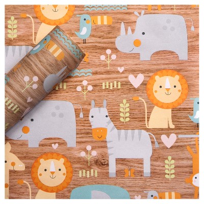 8x2.5' Baby Animals on Woodgrain Baby Shower Gift Wrapping Paper - Spritz™