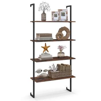 Costway 4-Tier Ladder Shelf Bookshelf Industrial Wall Shelf w/Metal Frame Rustic Brown