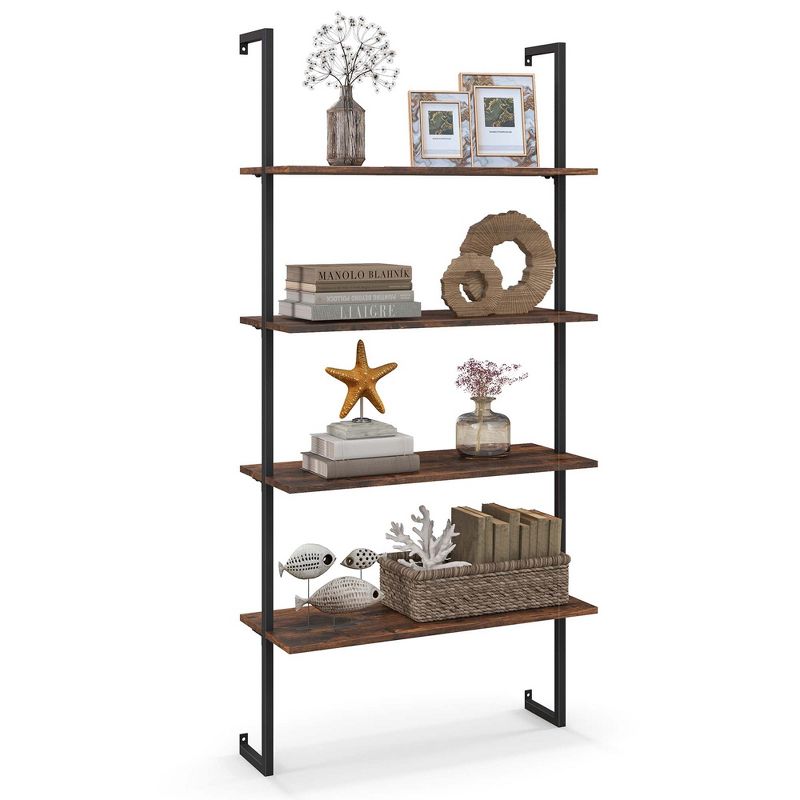 Costway 4-Tier Ladder Shelf Bookshelf Industrial Wall Shelf w/Metal Frame Rustic Brown, 1 of 11