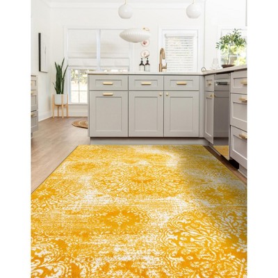 Yellow and White Low Pile Bohemian Area Rug