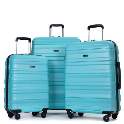 Vynxaria Aqua Blue PC Expandable 3-Piece Luggage 21/25/29" Two Hooks Spinner Wheels TSA