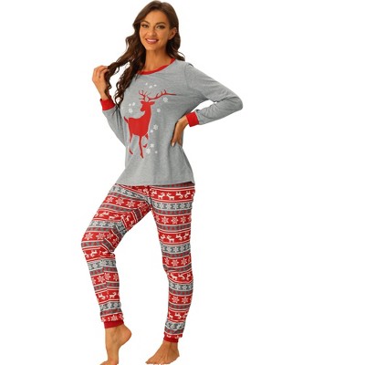 cheibear Christmas Deer Print Long Sleeve Tee with Pants Loungewear Family Pajama Sets