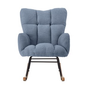 Gulches Light Blue Teddy Tufted High Back Metal Frame Glider Chair Set of 1 Wide Seat Rubber Wood Base Living Room Bedroom Accent Chair - 1 of 4