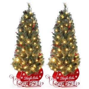 GustoWave 4.5FT Christmas Tree, Pre-Lit Artificial Mini Christmas Tree with 8 Mode Includes Red Berries & Sleigh Base - 1 of 4