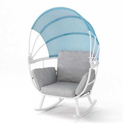 Aluminum Patio Rocking Egg Chair with Folding Canopy - Blue/Gray/White - Crestlive Products: Outdoor Rocker, Water-Repellent