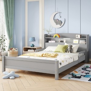 Full Size Pine Wood Bed with Bookcase Headboard, LED Motion Sensor Light, and Flexible Guardrails-- Frevyn - 1 of 4