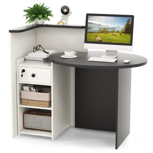 Costway Front Reception Counter Desk Checkout Office Desk with Open Shelf &  Lockable Drawer Black