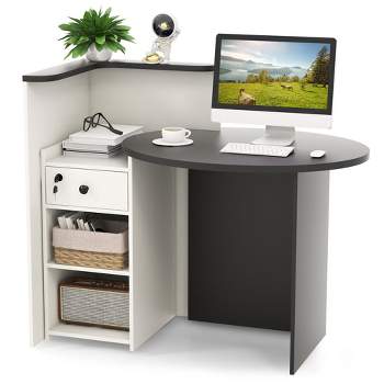 Tangkula Front Reception Counter Desk Checkout Office Desk w/Open Shelf & Lockable Drawer