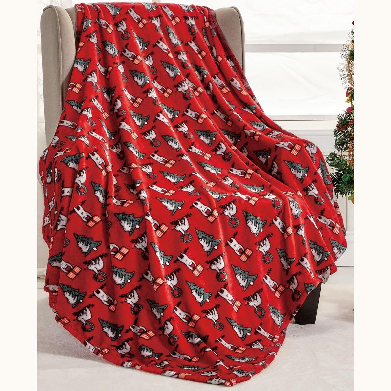 Plazatex Christmas Sloth Micro plush Decorative All Season Red Color 50" X 60" Throw Blanket, 1 of 4