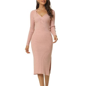 Seta T Women's Fall Winter Long Sleeve V Neck Ribbed Knit Side Slit Twist Front Midi Sweater Dress - 1 of 4