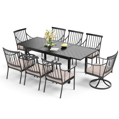 Captiva Designs 9pc Patio Geometric Pattern Expandable Steel Rectangle Table & Stylish Cushioned Arm Chairs
