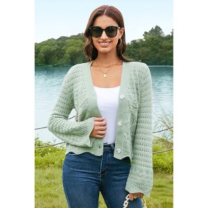 V For City Women's Crochet Knit Bell Sleeve V Neck Open Front Cropped Cardigan Sweaters - 1 of 4