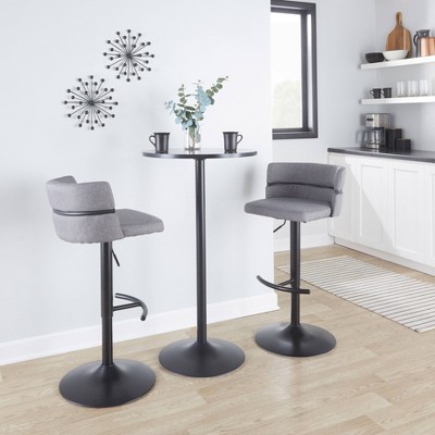 Set of 2 Adjustable Light Gray Swivel Barstools with Black Metal Base