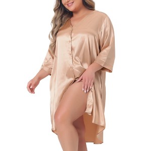 Agnes Orinda Women's Plus Size Satin Soft Button Down 3/4 Sleeve with Pockets V Neck Nightgown - 1 of 4