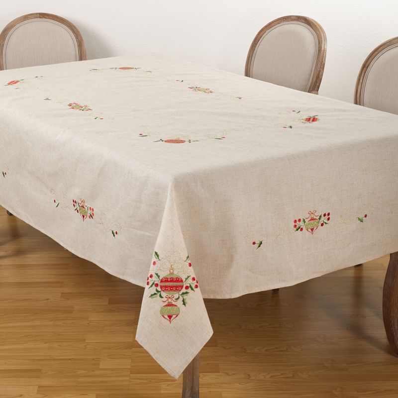Saro Lifestyle Embroidered Ornament Holly Design Holiday Linen Blend Tablecloth, 2 of 5