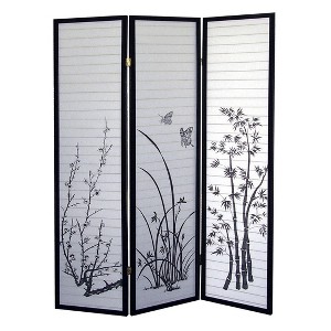 Vynxaria 70" Tall 3-Panel Screen / Room Divider, Floral Design with Black finish - 1 of 4