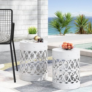 CAVINAS Outdoor Patio End Tables of 2, Decorative Garden Stool for Indoor Outdoor Heavy Duty Metal Frame Accent Table Modern End Table, Yellow - 1 of 4