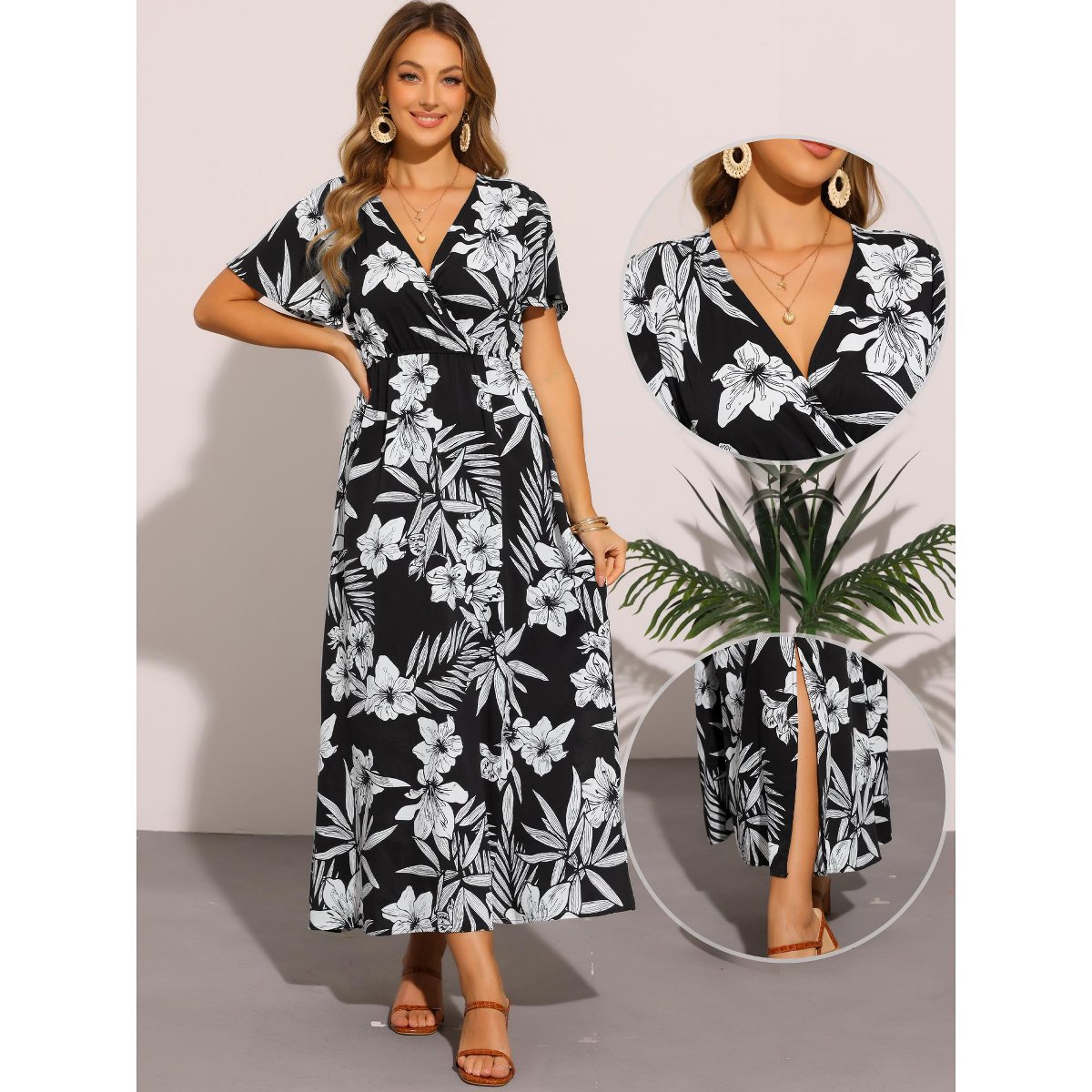 Женские платья INSPIRE CHIC Women's Short Sleeve Slit Wrap V Neck Maxi Floral Long Dresses X-Small Black — фото 2