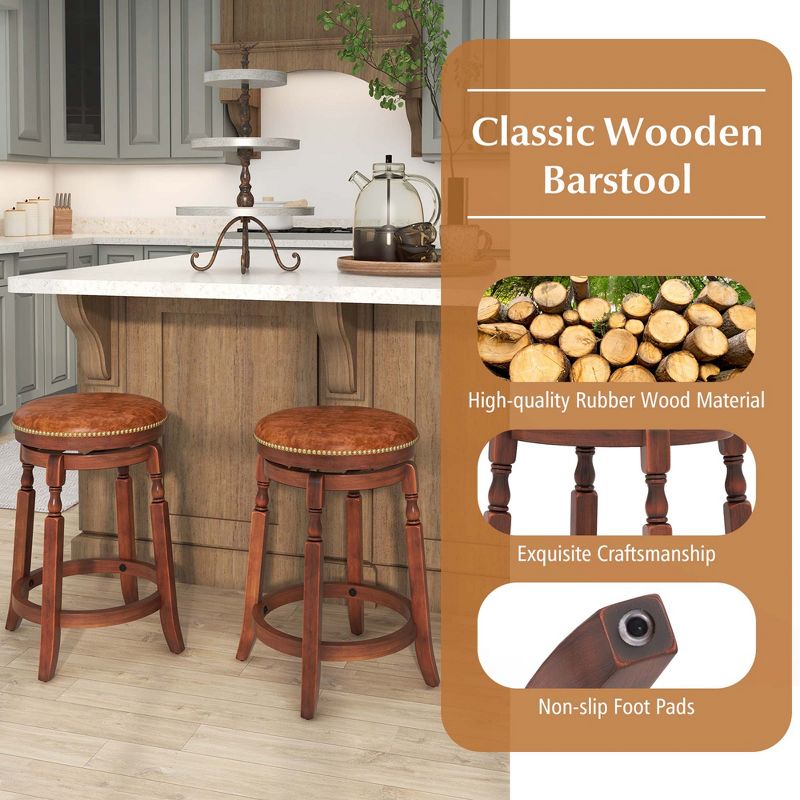 Costway 24" Swivel Bar Stool Set of 2/4 with Upholstered Seat & Rubber Wood Frame Round Walnut, 5 of 8