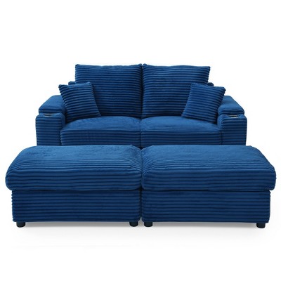 VYNXARIA Loveseat with Ottomans,Corduroy Fabric Modular Sectional Sofa,Comfy Deep Plush Couch with Ottomans and Two Pillows,Blue