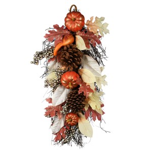 National Tree Company Fall Teardrop Wall Decoration, Decorated with Pumpkins, Pine Cones, Berry Clusters, Maple Leaves, Autumn Collection, 24 in - 1 of 4