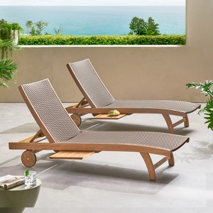 GDFStudio Leah Outdoor Wicker and Wood Armless Adjustable Chaise Lounge with Pull Out Tray (Set of 2) - 1 of 4