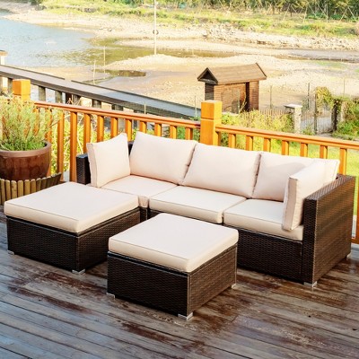 Costway 5PCS Patio Rattan Furniture Set Ottoman Table Beige