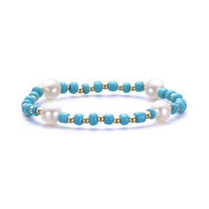 Guili 14k Yellow Gold Turquoise or Pink and Pearl Beaded Bracelet, Bohemian Chic Style, Perfect for Summer Vacations and Beach Days, Blue - 1 of 2