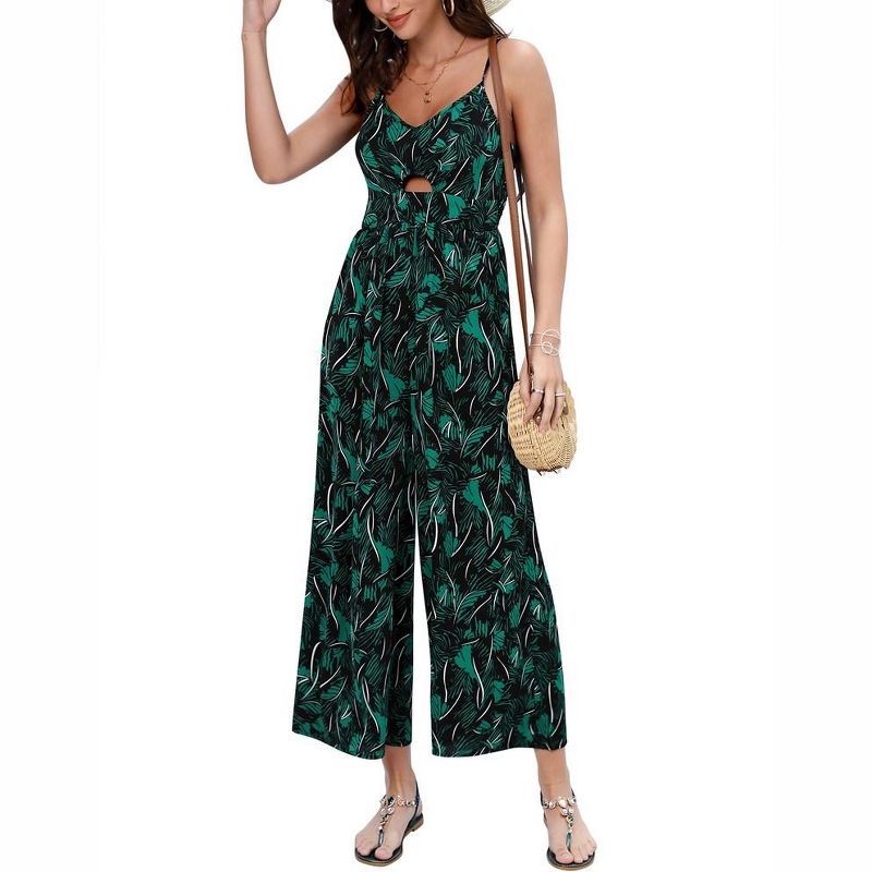 Women's Summer V Neck Spaghetti Strap Sleeveless Jumpsuits CutOut Smocked Long Wide Leg Rompers With Pockets, 2 of 7