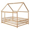YOOCOZZ Full Size Floor Wooden Bed with House Roof Frame, Fence Guardrails-Nartural - 3 of 4