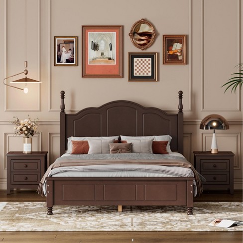 Modern Queen Bedroom Set with 2 Nightstands Solid Wood Platform