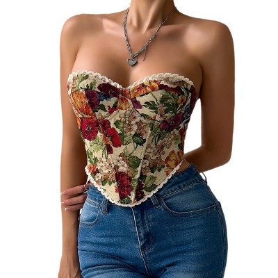 Women's Corset Floral Top Lace-Up Back Bustier Lace Trim Vintage Outfits