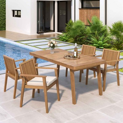 5 PCS Patio Dining Set with Dining Table, Slatted Top Design Table, Acacia Wood Frame Dining Chairs with Polyester Cushion Covers-Coolbibila