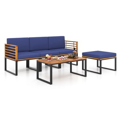 Acacia Wood and Metal 5-Piece Patio Set with Navy Cushions