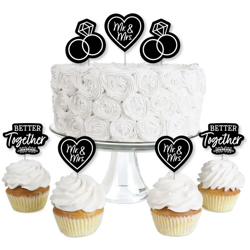 Big Dot of Happiness Mr. and Mrs. - Dessert Cupcake Toppers - Black and White Wedding or Bridal Shower Clear Treat Picks - Set of 24, 1 of 8