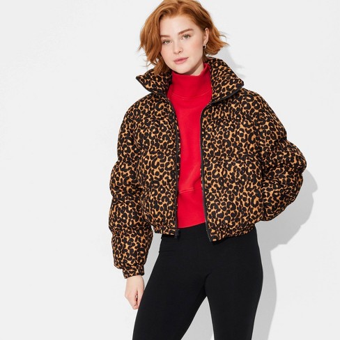 Women s Puffer Jacket Wild Fable Brown Leopard Print S Target