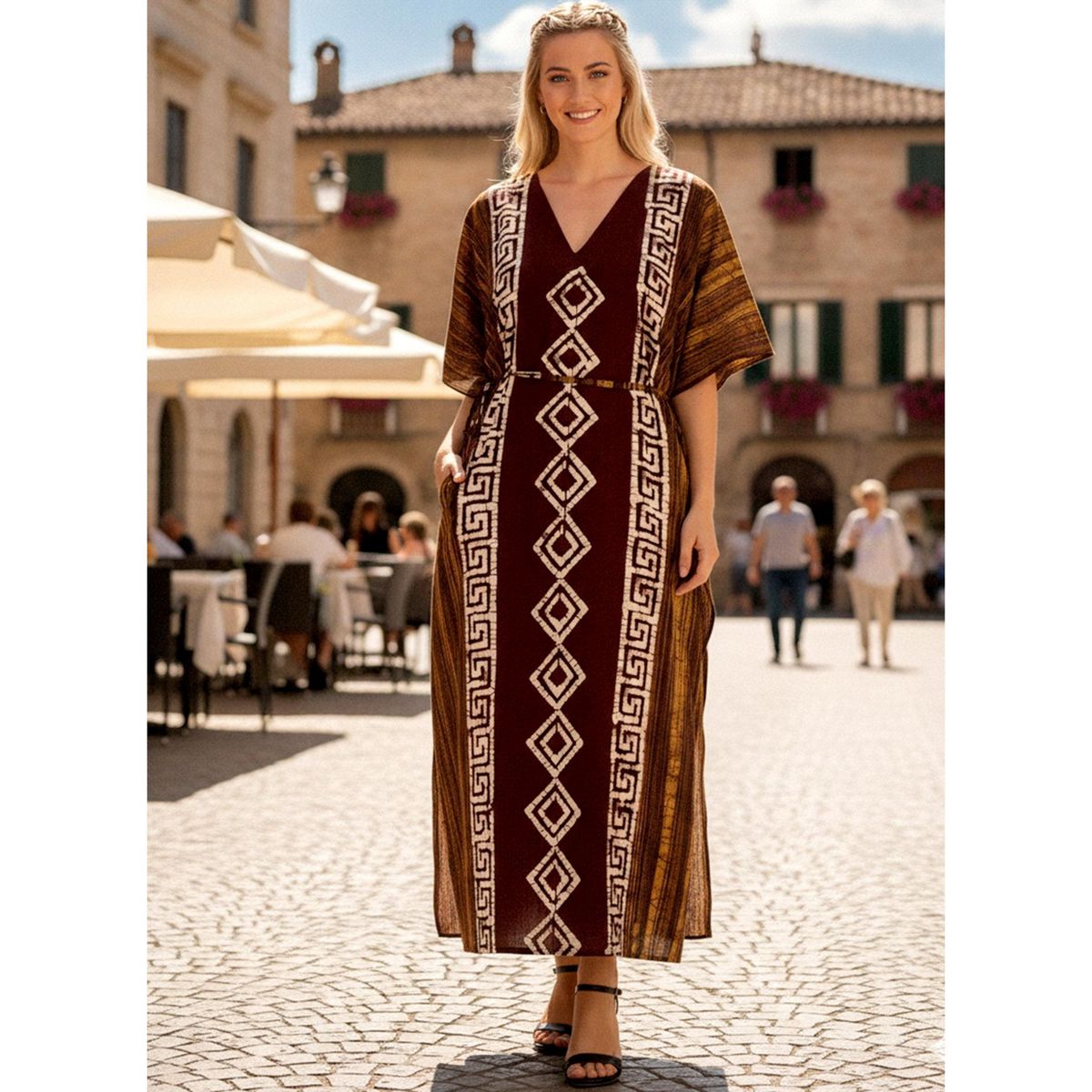 LA LEELA Summer Cotton Premium Caftan Dress for Women Resortwear Vacation Cruise Holiday Loungewear Beachwear Outfit 2X-3X Brown Geometric - thumbnail 4