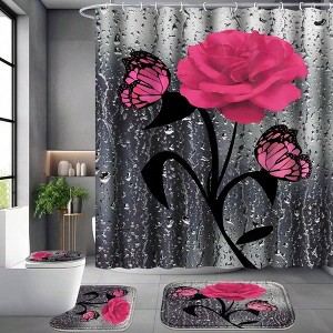 4 Pcs Pink Rose Bathroom Set, Shower Curtain with Rugs and 12 Hooks Shower Curtain Size:71"x71" W - 1 of 4