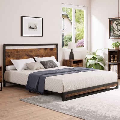 Whizmax 6 Inch Twin Metal Platform Bed Frame with Wooden Headboard and Footboard, Mattress Foundation, Easy Assembly, Rustic Brown