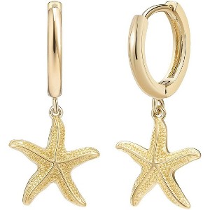 Beach Theme Huggie Earrings: 14K Gold Plated Starfish & Seashell Drop Dangle Earrings - 1 of 4