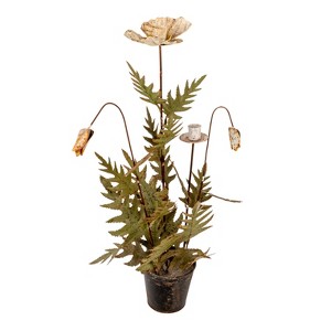 Storied Home Metal Poppy Flower Candle Holder in Cement Pot, Distressed White and Green - 1 of 4