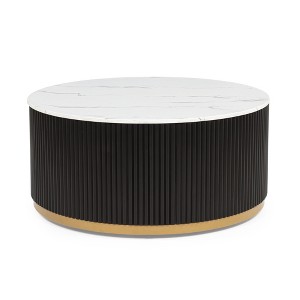 38" Wood Round Coffee Table with Marble-Inspired Top, Reeded Base and Gold-Finished Foundation for Living Room - 1 of 4