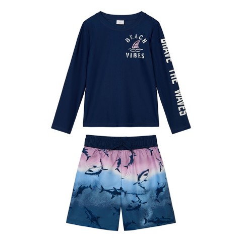 OshKosh B'gosh Little Boys' 2-Piece Long Sleeve Rashguard & Swim Trunks Set, Navy/Sharks, 7